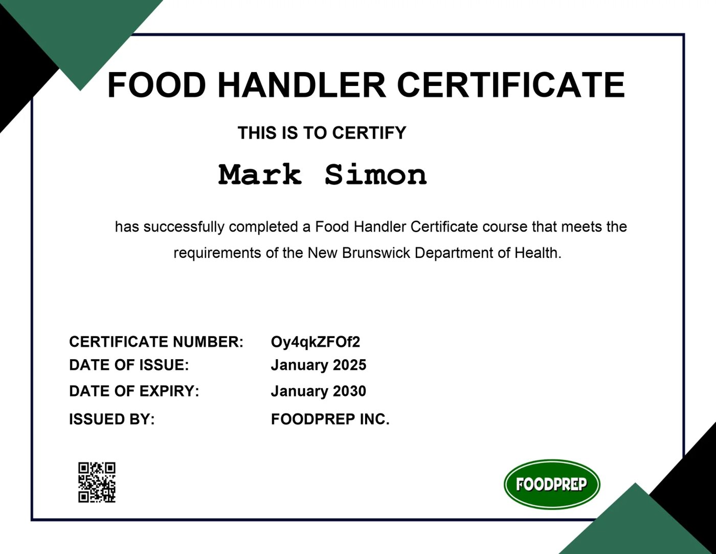 Food Handler Certificate issued to Mark Simon by FoodPrep Inc., valid until January 2030