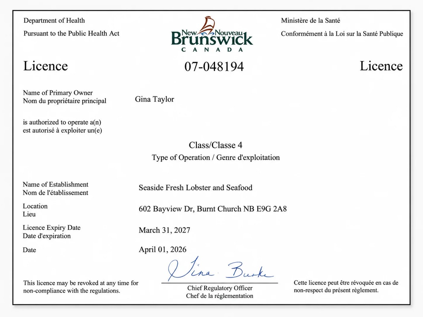 New Brunswick Department of Health Class 4 licence 07-048194 for Seaside Fresh Lobster and Seafood, 602 Bayview Dr, Burnt Church NB, valid until March 31, 2027
