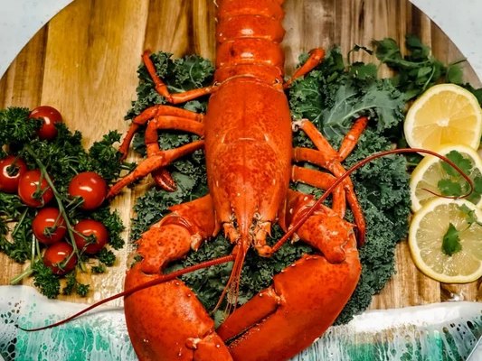 A whole cooked New Brunswick lobster on a wooden platter with lemon and tomatoes