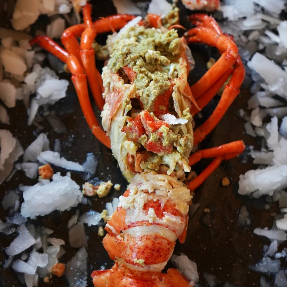 A cooked lobster opened up to show the meat, on ice